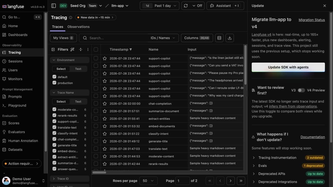 The Langfuse v4 migration panel lists the exact SDK, evaluator, API, and integration actions detected for a Cloud project